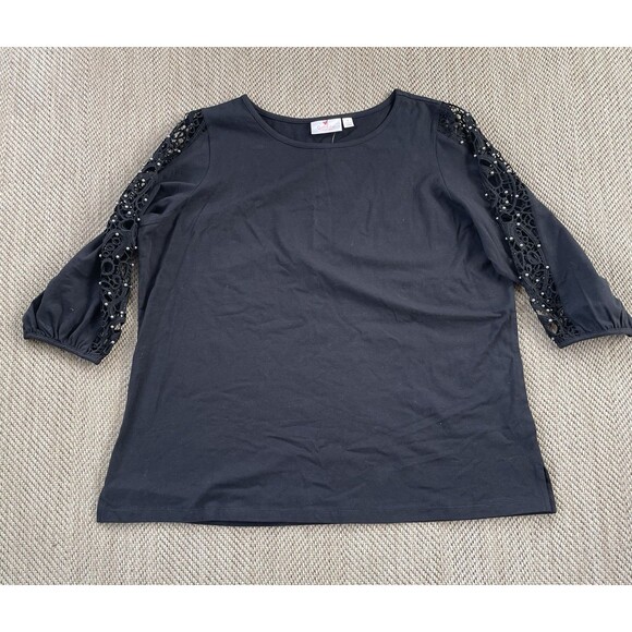 Quacker Factory Lace 3/4 Sleeve Knit T-Shirt with Pearl Details Black 1X - Picture 1 of 5